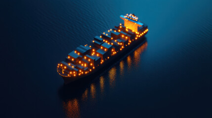 glowing cargo ship sails at night, illuminating ocean with its lights