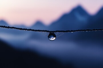 Fototapeta premium A single dewdrop hangs from a rope, reflecting the serene mountain landscape at dawn.