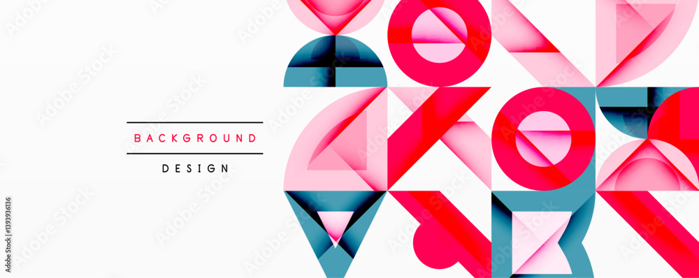 Poster Abstract geometric design. Overlapping shapes create dynamic composition. Pink, blue hues dominate, offering modern aesthetic. Minimalist style, clean lines present.