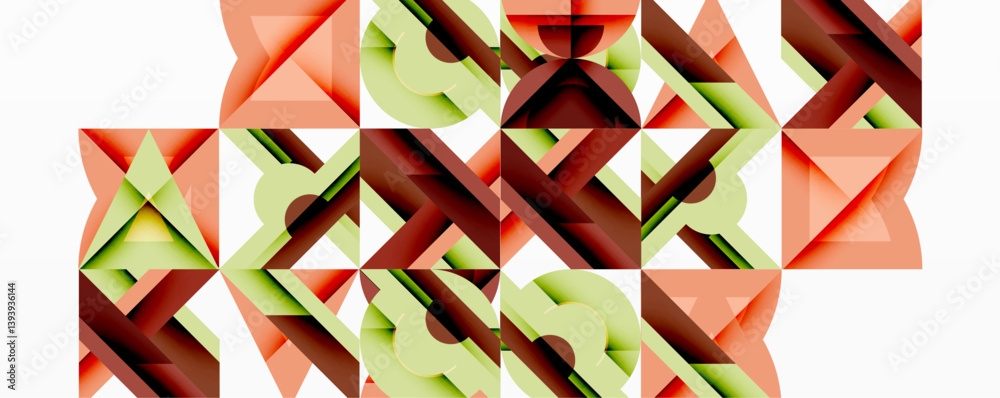 Leinwandbilder Abstract geometric pattern. Repeating triangular shapes create complex interwoven design using shades orange, green, brown. Minimalist aesthetic, clean lines, modern visual.
