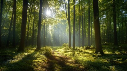 Obraz premium Photo of A beautiful forest scene with tall trees and sunlight filtering through the leaves nature tranquility landscape.