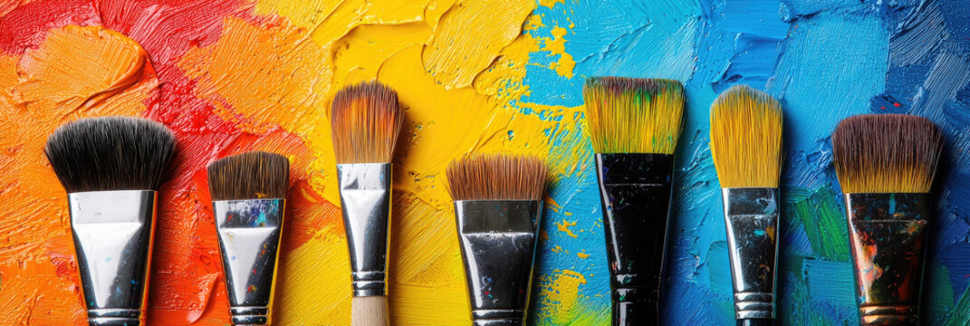 A vibrant symphony of paintbrushes resting on a richly textured canvas, a captivating display of color and artistic potential, showcasing bold hues of red, yellow, and blue.