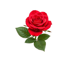 Fototapeta premium Red rose with leaves, isolated on a white background.