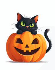 Cartoon Black Cat on Smiling Jack-o'-Lantern Pumpkin