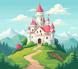 Cartoon Castle with Pink Roof on Hillside Landscape