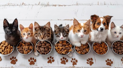 A row of pets enjoying their meals from bowls on a wooden surface.