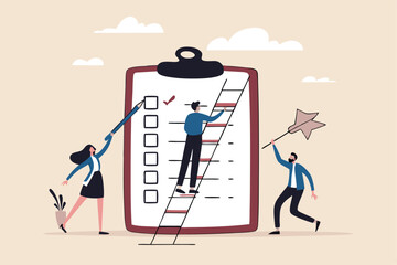 Finishing todo list, work checklist or accomplishment, project management, teamwork to get work done, complete plan concept, businessman coworkers help put checkmark on checkbox task list clipboard.