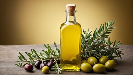 Golden Olive Oil in a Glass Bottle with Fresh Olives and Rosemary on Rustic Wooden Table