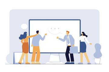 Online consultant, manager giving advice on remote work, online conference or communicate with team via internet concept, businessman manager giving advice from computer monitor to team members.