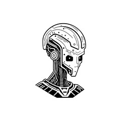 Monochrome futuristic android illustration with detailed mechanical features