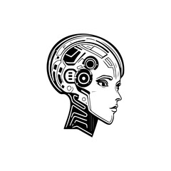 Monochrome robotic human head illustration depicting future technology advancement