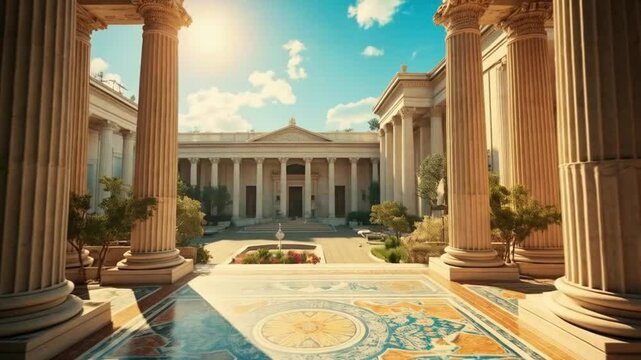 Ancient Roman Architecture Featuring Majestic Columns and Grand Terrace Under Golden Light