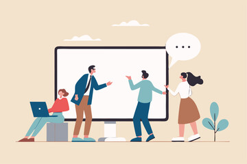 Online consultant, manager giving advice on remote work, online conference or communicate with team via internet concept, businessman manager giving advice from computer monitor to team members.