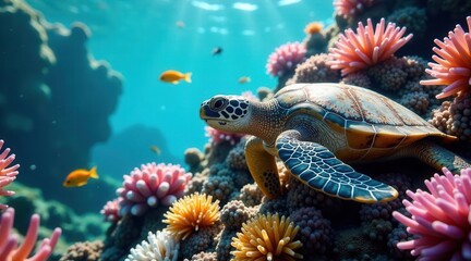Obraz premium Serene Underwater Scene Featuring a Sea Turtle Gracefully Navigating a Vibrant Coral Reef Ecosystem