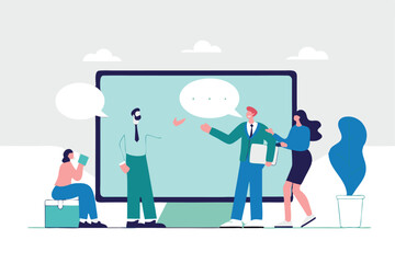 Online consultant, manager giving advice on remote work, online conference or communicate with team via internet concept, businessman manager giving advice from computer monitor to team members.