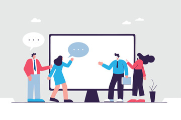 Online consultant, manager giving advice on remote work, online conference or communicate with team via internet concept, businessman manager giving advice from computer monitor to team members.