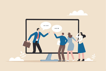 Online consultant, manager giving advice on remote work, online conference or communicate with team via internet concept, businessman manager giving advice from computer monitor to team members.