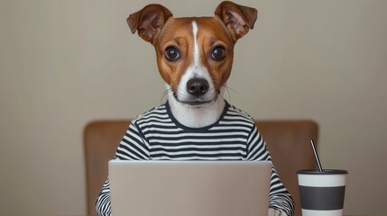 Playful Dog in Striped Shirt Working on Laptop with Coffee Cup in Cozy Indoor Setting