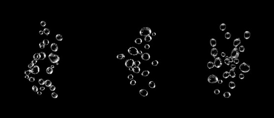 Water has a black background with bubbles and oil. Abstract underwater background isolated on white and blue water drops as liquid close-up natural shot. Beautiful oxygen bubbles.

