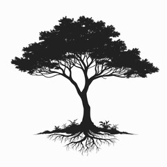 Silhouette of a tree with exposed roots and foliage