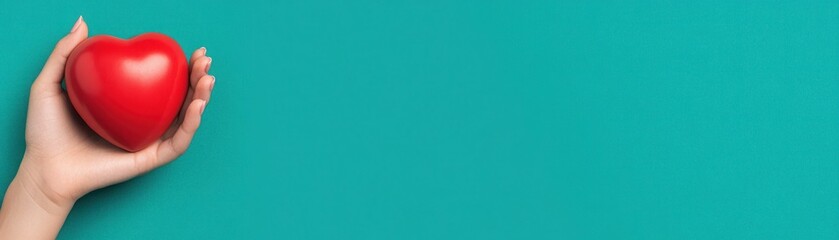 Fototapeta premium Hand Holding a Bright Red Heart-Shaped Symbol on a Vibrant Turquoise Background for Love and Affection Concepts