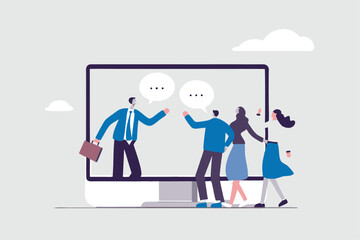 Online consultant, manager giving advice on remote work, online conference or communicate with team via internet concept, businessman manager giving advice from computer monitor to team members.