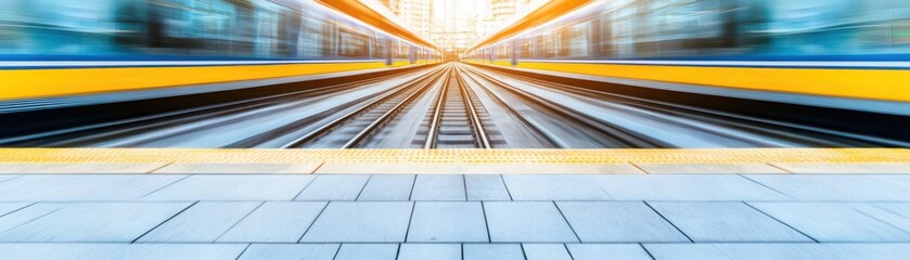 Obraz premium Dynamic Perspective of Train Tracks Leading Towards Converging Horizon with Vibrant Colors and Motion Blur Effect at Modern Urban Station