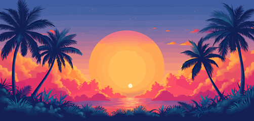 Tropical Sunset with Palm Trees and Vibrant Clouds
