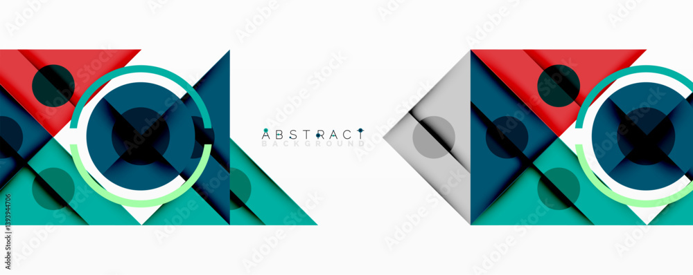 Poster abstract geometric shapes overlap, creating dynamic composition. red, teal, navy, white colors domin