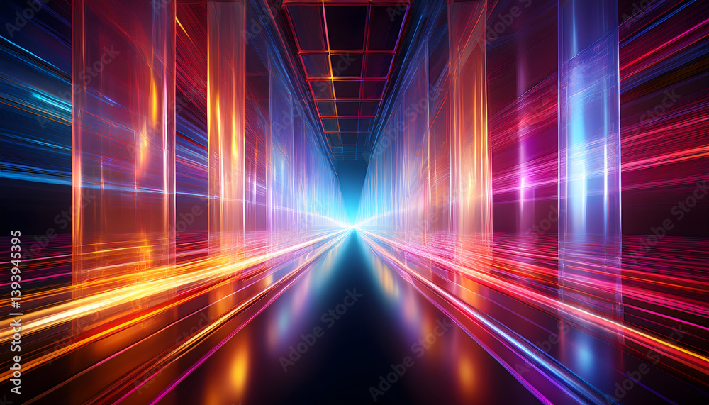Poster A vibrant, abstract representation of light trails in a futuristic space, creating a sense of depth and movement