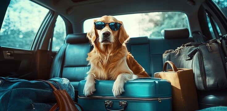 An image of a Golden Retriever wearing sunglasses sitting in a trunk, used for pet travel-themed designs and promotions.