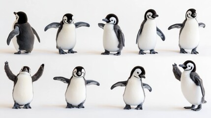 Obraz premium A series of penguins arranged in various adorable poses, each with distinct facial expressions and body language, set against a soft white background.