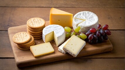 A Delightful Selection of Cheeses and Crackers, Complemented by Fresh Grapes, Arranged on a Rustic Wooden Cutting Board.