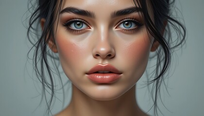 Fototapeta premium Close Up Portrait of a Woman with Blue Eyes and Soft Makeup Looking at Viewer