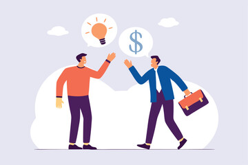 Venture capital, project pitching for funding or VC investment, selling idea for money or angel investment for startup project concept, young entrepreneur pitching idea to raise venture capital fund.