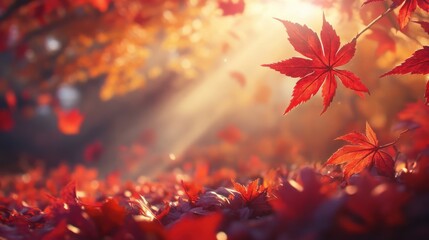 A vibrant close-up of red maple leaves gently resting on a soft bed of fallen autumn leaves, with sunlight filtering through the branches above.