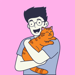 Man With Cat Cartoon Vector Flat Design Illustration