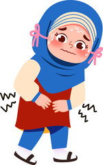Young Girl in Hijab Experiencing Stomach Ache, Cartoon Illustration