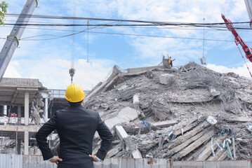 Severe building collapse in Bangkok triggered by a strong earthquake, with visible debris, rubble,...