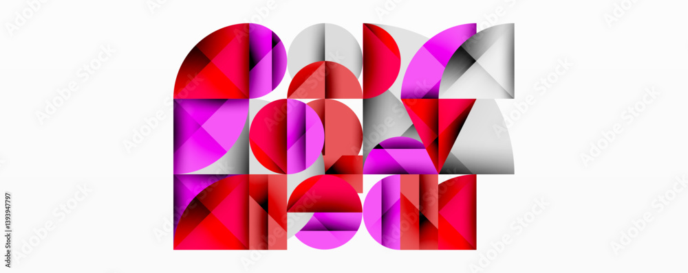 Poster abstract geometric composition. shapes overlap, creating dynamic visual effect. red, pink, silver to