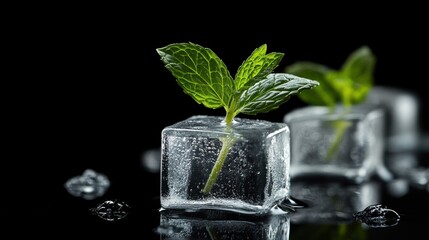 Fresh mint leaves nestled in ice cubes on a black surface