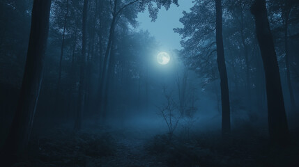 Eerie and atmospheric dark forest, moonlit with fog and an eerie glow.