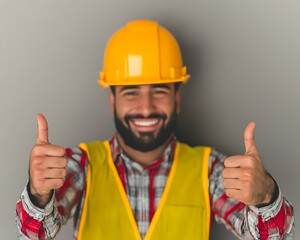 Smiling man with beard, hard hat, and vest gives thumbs-up against a plain gray background