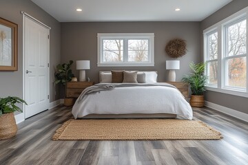Fototapeta premium Bedroom with dark gray wood-look vinyl flooring, white closet door, and gray walls, showcasing a modern and minimalistic design.