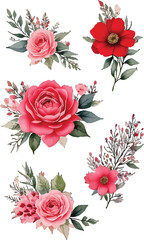 Garden-style flower elements with artistic painted texture. Stylish floral art with rose-inspired blossoms and foliage. Spring flower collection perfect for decor, stickers, or paper crafts