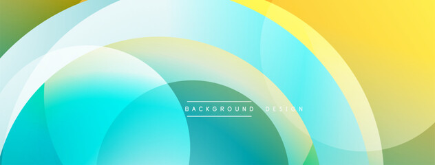 Abstract colorful background. Overlapping translucent circles create dynamic visual effect. Gradient shades transition from yellow, green, turquoise. Modern design element.