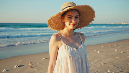 Serene Moments at the Shoreline: A sun-kissed woman, donned in a stylish hat, stands gracefully on a sandy beach. Capturing the tranquility of the sea and the warmth of the sun. 