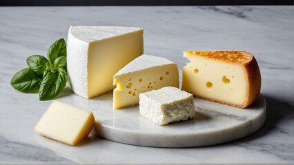 An Elegant Selection of Artisan Cheeses Presented on a Marble Board, Accompanied by Fresh Basil, and Ready to be Enjoyed.
