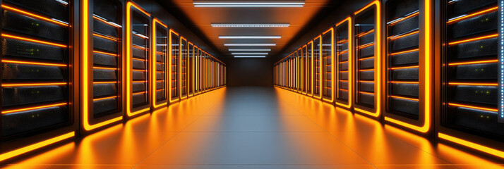 A glowing pathway into the heart of digital innovation, a server room bathed in warm orange light and sleek dark metallic design.