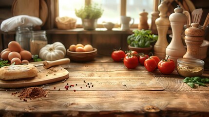 A rustic kitchen scene with fresh ingredients for cooking and baking.